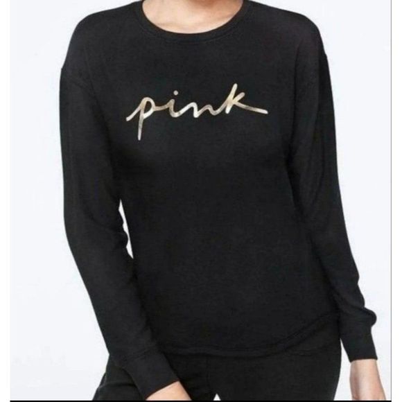 Pink VS Medium Victoria Secret Black & Gold Sleep Tee Shirt - Picture 1 of 3